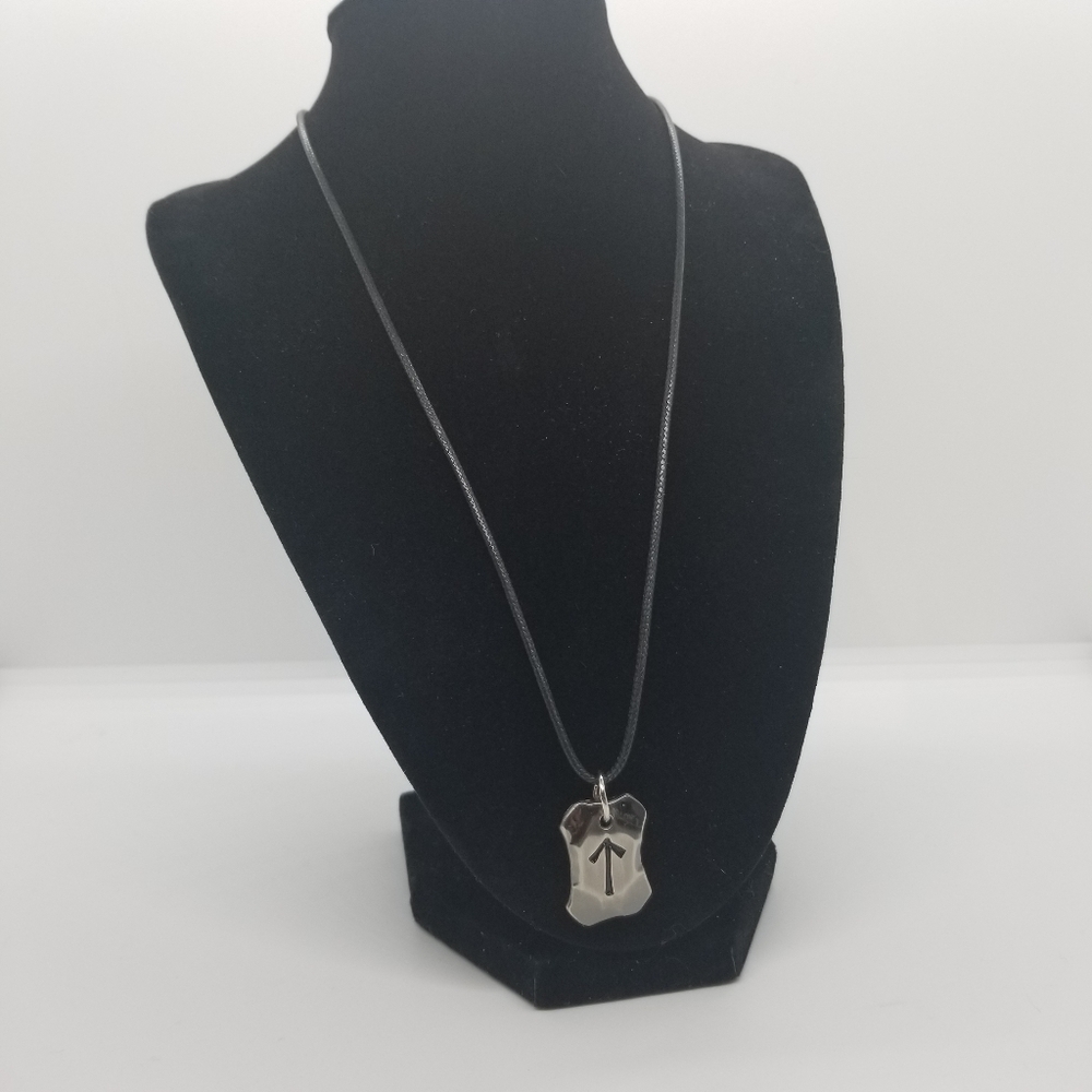black cord necklace with silver tone arrow pendant